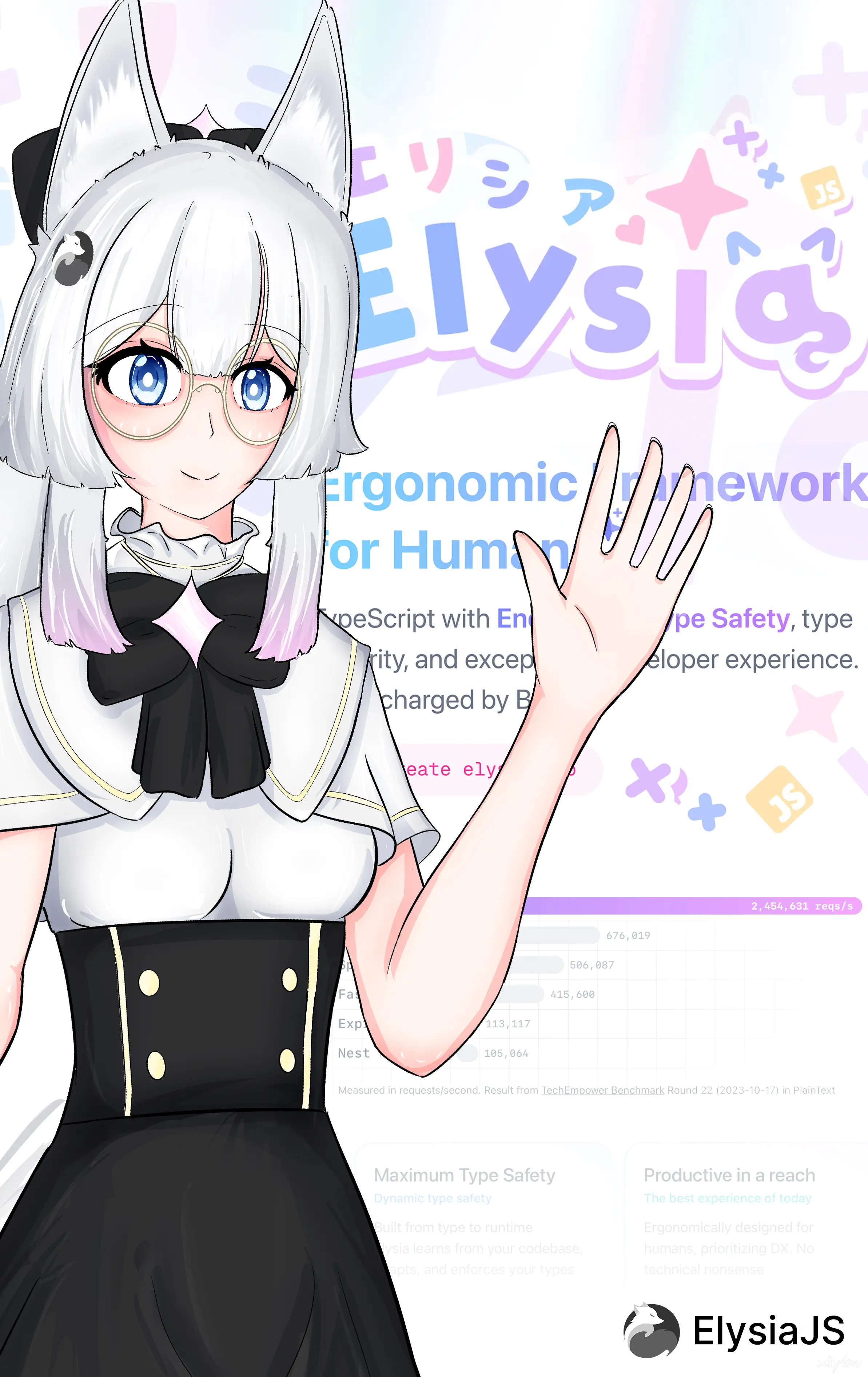 Card illustration of Elysia chan, an arctic fox girl